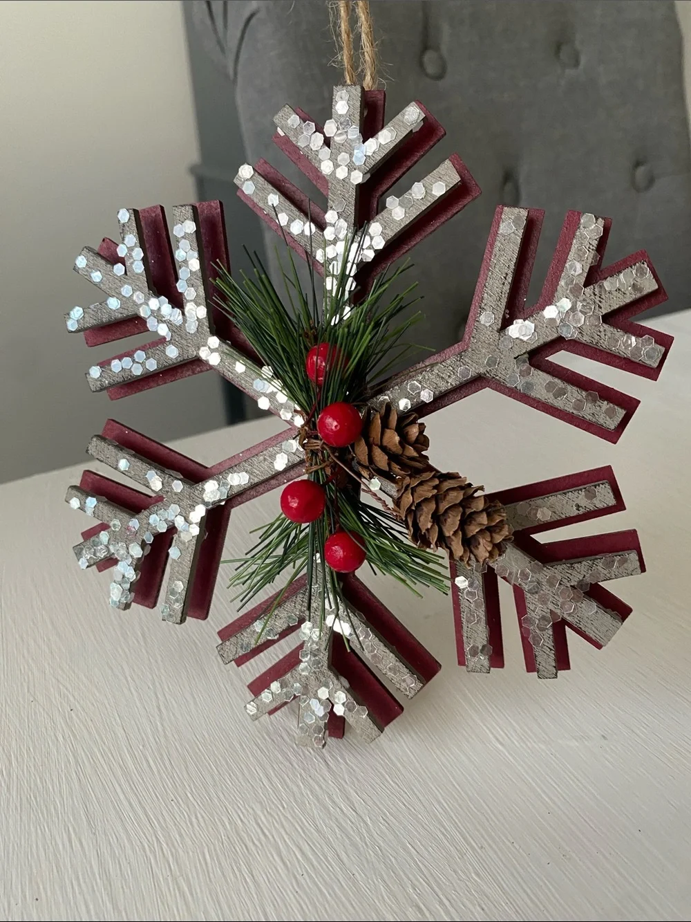Farmhouse Rustic Christmas Ornaments Snowflake Red Metal Star & Burlap Snowman